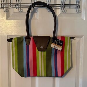 JoAnn Marie Multicolor Striped Tote with Brown Trim
